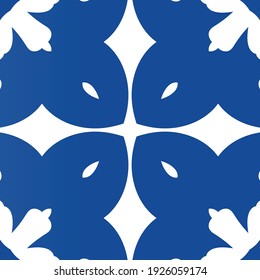 Portuguese vintage azulejo tiles. Minimal design. Vector seamless pattern theme. Blue antique background for pillows, print, wallpaper, web backdrop, towels, surface texture.