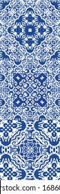 Portuguese vintage azulejo tiles. Modern design. Kit of vector seamless patterns. Blue antique backgrounds for pillows, print, wallpaper, web backdrop, towels, surface texture.