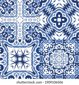 Portuguese vintage azulejo tiles. Modern design. Collection of vector seamless patterns. Blue antique backgrounds for pillows, print, wallpaper, web backdrop, towels, surface texture.