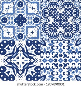 Portuguese vintage azulejo tiles. Modern design. Kit of vector seamless patterns. Blue antique backgrounds for pillows, print, wallpaper, web backdrop, towels, surface texture.