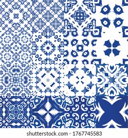 Portuguese vintage azulejo tiles. Original design. Set of vector seamless patterns. Blue antique backgrounds for pillows, print, wallpaper, web backdrop, towels, surface texture.