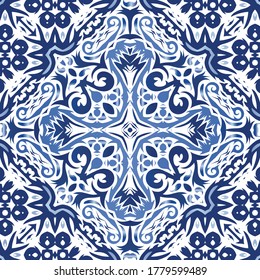Portuguese vintage azulejo tiles. Original design. Vector seamless pattern arabesque. Blue antique background for pillows, print, wallpaper, web backdrop, towels, surface texture.