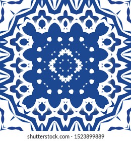 Portuguese vintage azulejo tiles. Set of vector seamless patterns. Creative design. Blue antique backgrounds for pillows, print, wallpaper, web backdrop, towels, surface texture.
