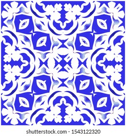 Portuguese vintage azulejo tiles. Set of vector seamless patterns. Creative design. Blue antique backgrounds for pillows, print, wallpaper, web backdrop, towels, surface texture.