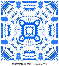 Portuguese vintage azulejo tiles. Set of vector seamless patterns. Creative design. Blue antique backgrounds for pillows, print, wallpaper, web backdrop, towels, surface texture.