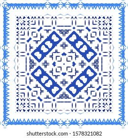 Portuguese vintage azulejo tiles. Set of vector seamless patterns. Creative design. Blue antique backgrounds for pillows, print, wallpaper, web backdrop, towels, surface texture.