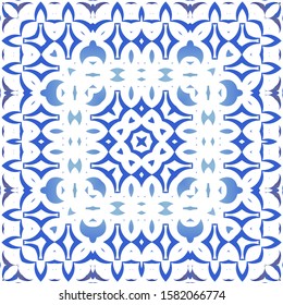 Portuguese vintage azulejo tiles. Set of vector seamless patterns. Creative design. Blue antique backgrounds for pillows, print, wallpaper, web backdrop, towels, surface texture.