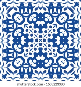 Portuguese vintage azulejo tiles. Set of vector seamless patterns. Creative design. Blue antique backgrounds for pillows, print, wallpaper, web backdrop, towels, surface texture.