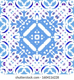 Portuguese vintage azulejo tiles. Set of vector seamless patterns. Creative design. Blue antique backgrounds for pillows, print, wallpaper, web backdrop, towels, surface texture.