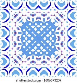 Portuguese vintage azulejo tiles. Set of vector seamless patterns. Creative design. Blue antique backgrounds for pillows, print, wallpaper, web backdrop, towels, surface texture.