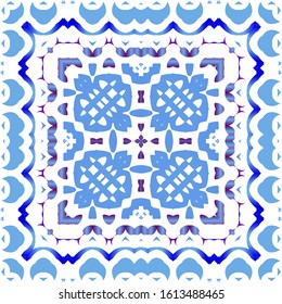 Portuguese vintage azulejo tiles. Set of vector seamless patterns. Creative design. Blue antique backgrounds for pillows, print, wallpaper, web backdrop, towels, surface texture.