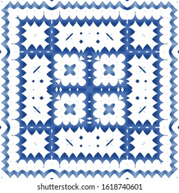 Portuguese vintage azulejo tiles. Set of vector seamless patterns. Creative design. Blue antique backgrounds for pillows, print, wallpaper, web backdrop, towels, surface texture.