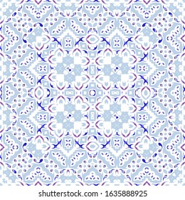 Portuguese vintage azulejo tiles. Set of vector seamless patterns. Creative design. Blue antique backgrounds for pillows, print, wallpaper, web backdrop, towels, surface texture.