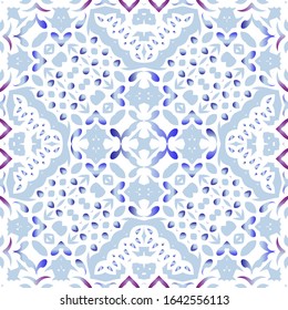 Portuguese vintage azulejo tiles. Set of vector seamless patterns. Creative design. Blue antique backgrounds for pillows, print, wallpaper, web backdrop, towels, surface texture.