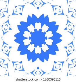 Portuguese vintage azulejo tiles. Set of vector seamless patterns. Creative design. Blue antique backgrounds for pillows, print, wallpaper, web backdrop, towels, surface texture.