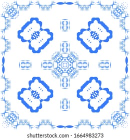 Portuguese vintage azulejo tiles. Set of vector seamless patterns. Creative design. Blue antique backgrounds for pillows, print, wallpaper, web backdrop, towels, surface texture.