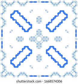 Portuguese vintage azulejo tiles. Set of vector seamless patterns. Creative design. Blue antique backgrounds for pillows, print, wallpaper, web backdrop, towels, surface texture.