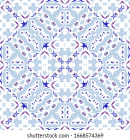 Portuguese vintage azulejo tiles. Set of vector seamless patterns. Creative design. Blue antique backgrounds for pillows, print, wallpaper, web backdrop, towels, surface texture.