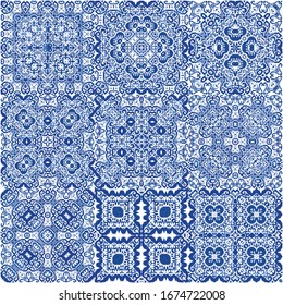 Portuguese vintage azulejo tiles. Set of vector seamless patterns. Fashionable design. Blue antique backgrounds for pillows, print, wallpaper, web backdrop, towels, surface texture.