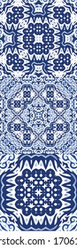 Portuguese vintage azulejo tiles. Set of vector seamless patterns. Bathroom design. Blue antique backgrounds for pillows, print, wallpaper, web backdrop, towels, surface texture.