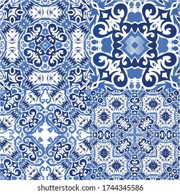 Portuguese vintage azulejo tiles. Set of vector seamless patterns. Fashionable design. Blue antique backgrounds for pillows, print, wallpaper, web backdrop, towels, surface texture.