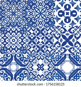 Portuguese vintage azulejo tiles. Set of vector seamless patterns. Colored design. Blue antique backgrounds for pillows, print, wallpaper, web backdrop, towels, surface texture.