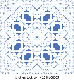 Portuguese vintage azulejo tiles. Set of vector seamless patterns. Creative design. Blue antique backgrounds for pillows, print, wallpaper, web backdrop, towels, surface texture.