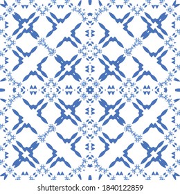 Portuguese vintage azulejo tiles. Set of vector seamless patterns. Creative design. Blue antique backgrounds for pillows, print, wallpaper, web backdrop, towels, surface texture.