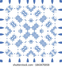 Portuguese vintage azulejo tiles. Set of vector seamless patterns. Creative design. Blue antique backgrounds for pillows, print, wallpaper, web backdrop, towels, surface texture.