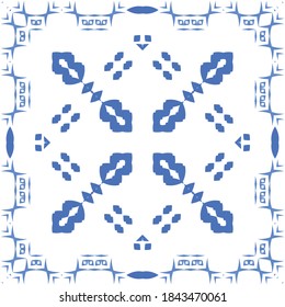 Portuguese vintage azulejo tiles. Set of vector seamless patterns. Creative design. Blue antique backgrounds for pillows, print, wallpaper, web backdrop, towels, surface texture.