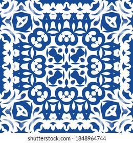 Portuguese vintage azulejo tiles. Set of vector seamless patterns. Creative design. Blue antique backgrounds for pillows, print, wallpaper, web backdrop, towels, surface texture.