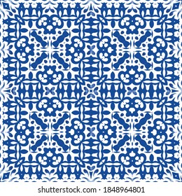 Portuguese vintage azulejo tiles. Set of vector seamless patterns. Creative design. Blue antique backgrounds for pillows, print, wallpaper, web backdrop, towels, surface texture.