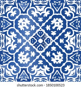 Portuguese vintage azulejo tiles. Set of vector seamless patterns. Creative design. Blue antique backgrounds for pillows, print, wallpaper, web backdrop, towels, surface texture.