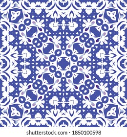 Portuguese vintage azulejo tiles. Set of vector seamless patterns. Creative design. Blue antique backgrounds for pillows, print, wallpaper, web backdrop, towels, surface texture.