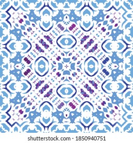 Portuguese vintage azulejo tiles. Set of vector seamless patterns. Creative design. Blue antique backgrounds for pillows, print, wallpaper, web backdrop, towels, surface texture.