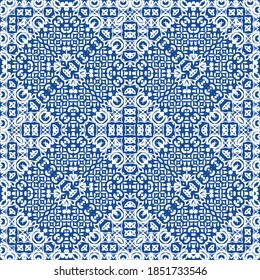 Portuguese vintage azulejo tiles. Set of vector seamless patterns. Creative design. Blue antique backgrounds for pillows, print, wallpaper, web backdrop, towels, surface texture.