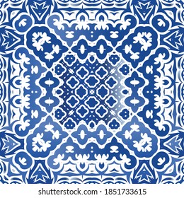 Portuguese vintage azulejo tiles. Set of vector seamless patterns. Creative design. Blue antique backgrounds for pillows, print, wallpaper, web backdrop, towels, surface texture.