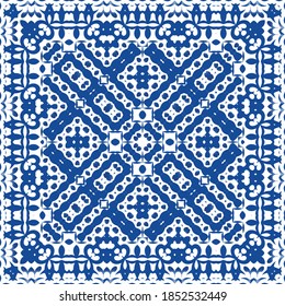 Portuguese vintage azulejo tiles. Set of vector seamless patterns. Creative design. Blue antique backgrounds for pillows, print, wallpaper, web backdrop, towels, surface texture.