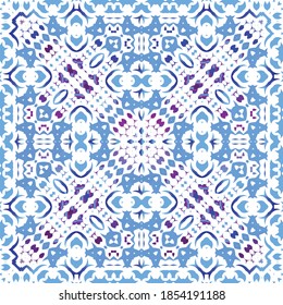 Portuguese vintage azulejo tiles. Set of vector seamless patterns. Creative design. Blue antique backgrounds for pillows, print, wallpaper, web backdrop, towels, surface texture.