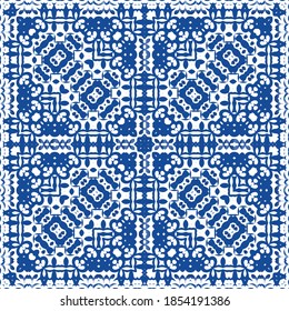 Portuguese vintage azulejo tiles. Set of vector seamless patterns. Creative design. Blue antique backgrounds for pillows, print, wallpaper, web backdrop, towels, surface texture.