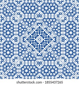 Portuguese vintage azulejo tiles. Set of vector seamless patterns. Creative design. Blue antique backgrounds for pillows, print, wallpaper, web backdrop, towels, surface texture.
