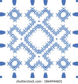 Portuguese vintage azulejo tiles. Set of vector seamless patterns. Creative design. Blue antique backgrounds for pillows, print, wallpaper, web backdrop, towels, surface texture.