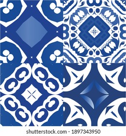 Portuguese vintage azulejo tiles. Set of vector seamless patterns. Creative design. Blue antique backgrounds for pillows, print, wallpaper, web backdrop, towels, surface texture.