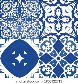 Portuguese vintage azulejo tiles. Set of vector seamless patterns. Minimal design. Blue antique backgrounds for pillows, print, wallpaper, web backdrop, towels, surface texture.