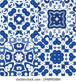 Portuguese vintage azulejo tiles. Set of vector seamless patterns. Hand drawn design. Blue antique backgrounds for pillows, print, wallpaper, web backdrop, towels, surface texture.