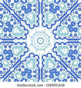Portuguese vintage azulejo tiles. Stylish design. Vector seamless pattern illustration. Blue antique background for pillows, print, wallpaper, web backdrop, towels, surface texture.