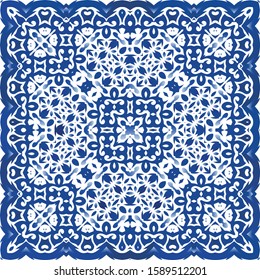 Portuguese vintage azulejo tiles. Stylish design. Vector seamless pattern flyer. Blue antique background for pillows, print, wallpaper, web backdrop, towels, surface texture.