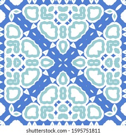 Portuguese vintage azulejo tiles. Stylish design. Vector seamless pattern illustration. Blue antique background for pillows, print, wallpaper, web backdrop, towels, surface texture.