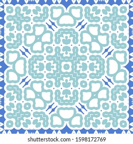Portuguese vintage azulejo tiles. Stylish design. Vector seamless pattern illustration. Blue antique background for pillows, print, wallpaper, web backdrop, towels, surface texture.