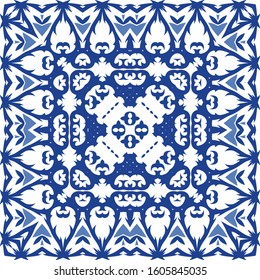 Portuguese vintage azulejo tiles. Stylish design. Vector seamless pattern texture. Blue antique background for pillows, print, wallpaper, web backdrop, towels, surface texture.